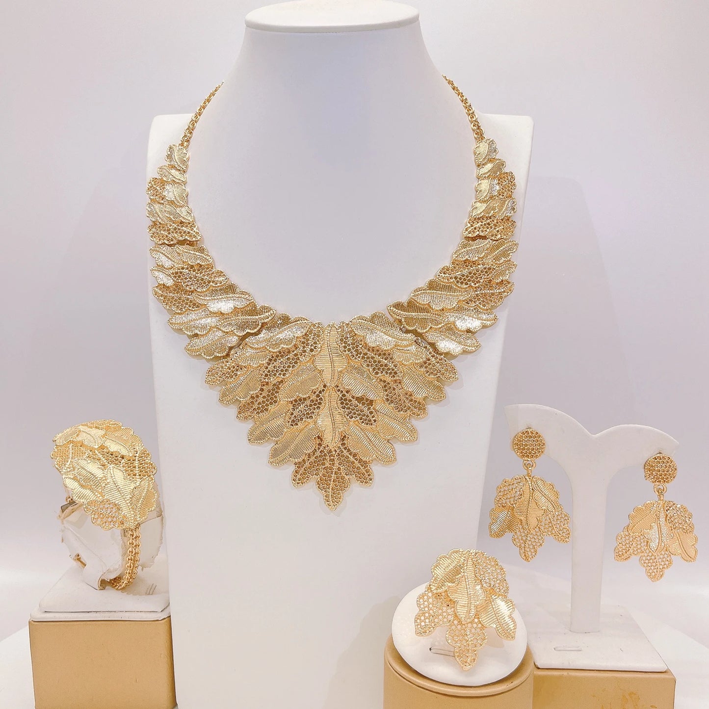Zhuerrui Gold Plated Ethnic Style Leaf Lace Jewelry Set Necklace Bracelet Earrings Ring for Party Wedding Occasions I0001120