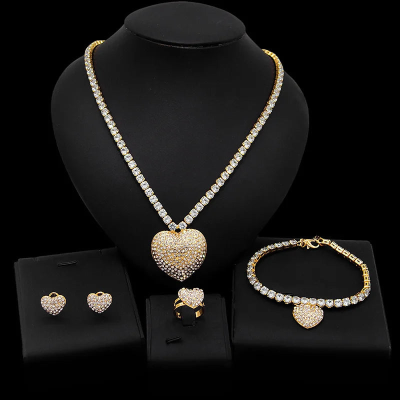 Zhuerrui Crystal Big Love 18k Gold Plating Wedding Jewelry Sets I Love You Hug and Kiss Heart of the Eternal Jewelry Set X0069