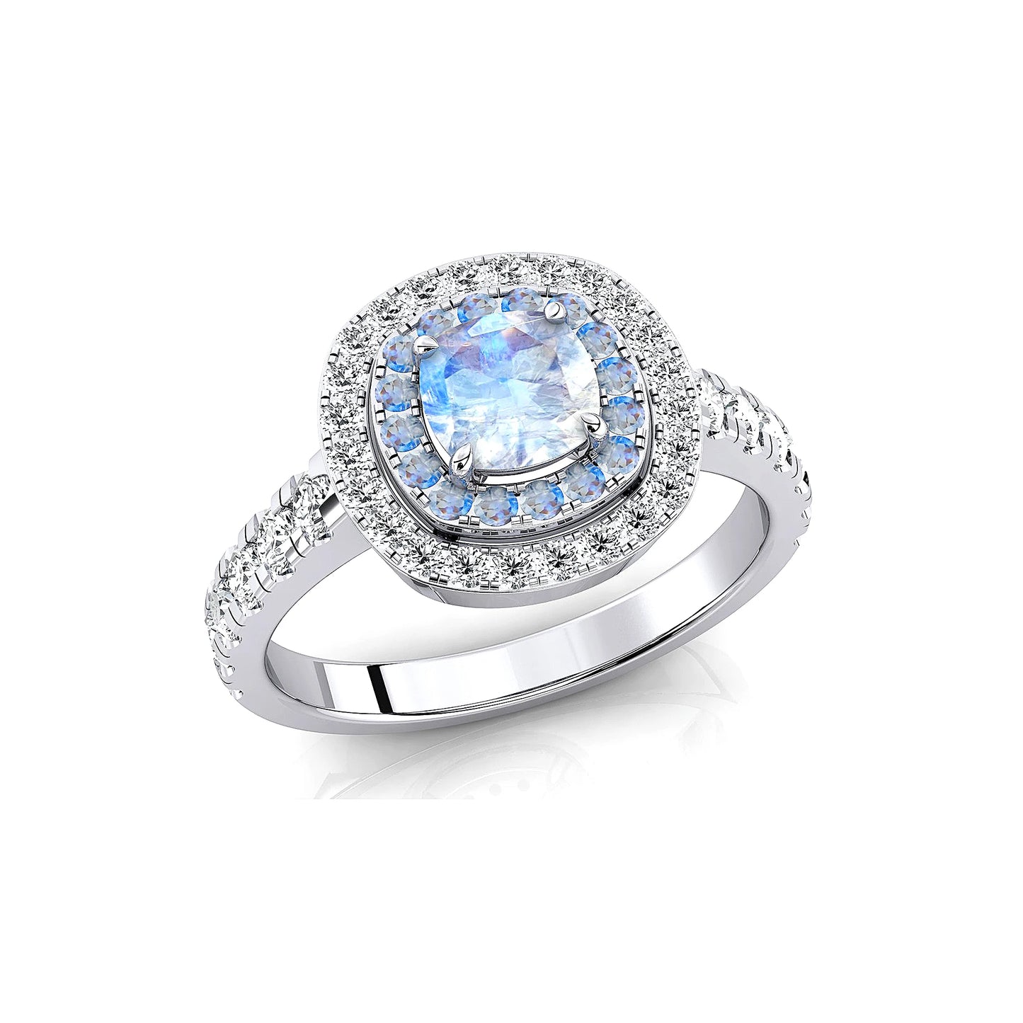18k Solid Gold Rings Natural Rainbow Moonstone Cushion Cut Prong Set Double Halo Half Eternity Ring Band For Birthday Gift