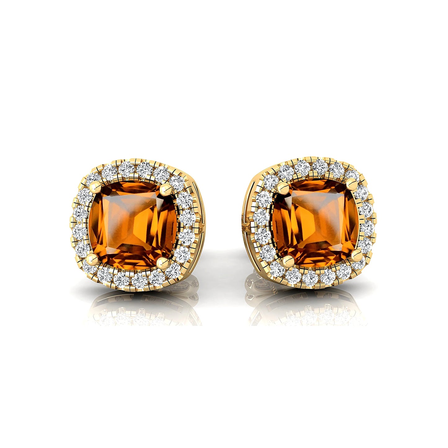 Trendy Design 18K Solid Rose Gold Rhodium Halo Studs Earrings Cushion Cut Natural Citrine Gemstone Real White Diamonds Wedding