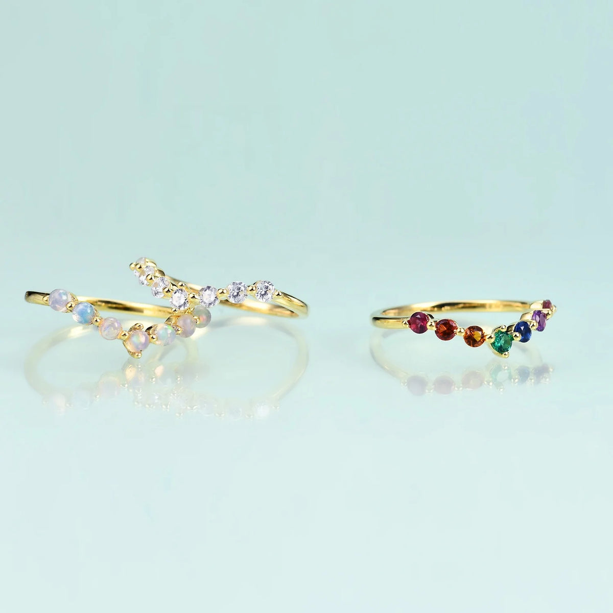Gemfiori V Shape Seven Stone Minimalistic Simple Stackable 925 Sterling Silver CZ Opal Multi Gemstone Ring Bands