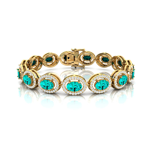 14k Gold Oval Lab Paraiba Tourmaline Gemstone & Diamond Tennis Chain Bracelet Custom New Fine Jewelry Unisexual Tennis Bracelets