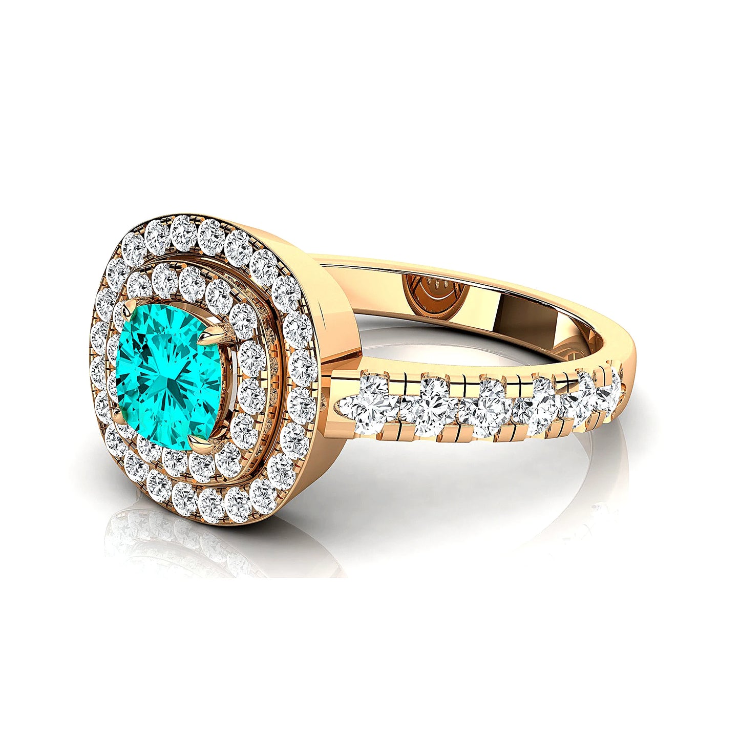 18kt Solid Gold Lab Grown Paraiba Tourmaline Real Diamond Classic Wedding Double Halo Ring Rhodium Plated Fine Jewelry For Gift