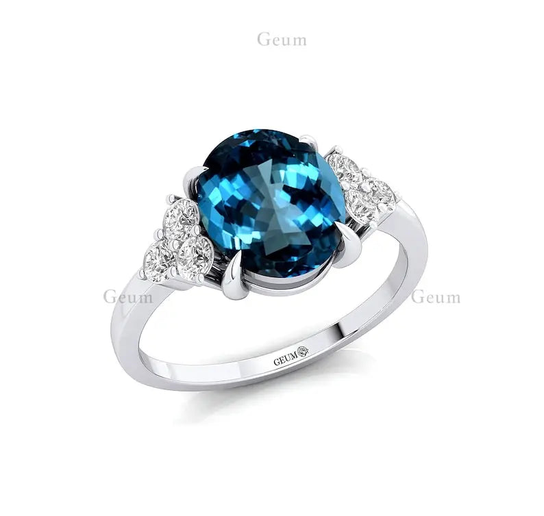 Solid 14k Gold Classic Unique Oval Shape Natural London Blue Topaz Gemstone Real Diamond Cluster Pave Setting Premium Designer