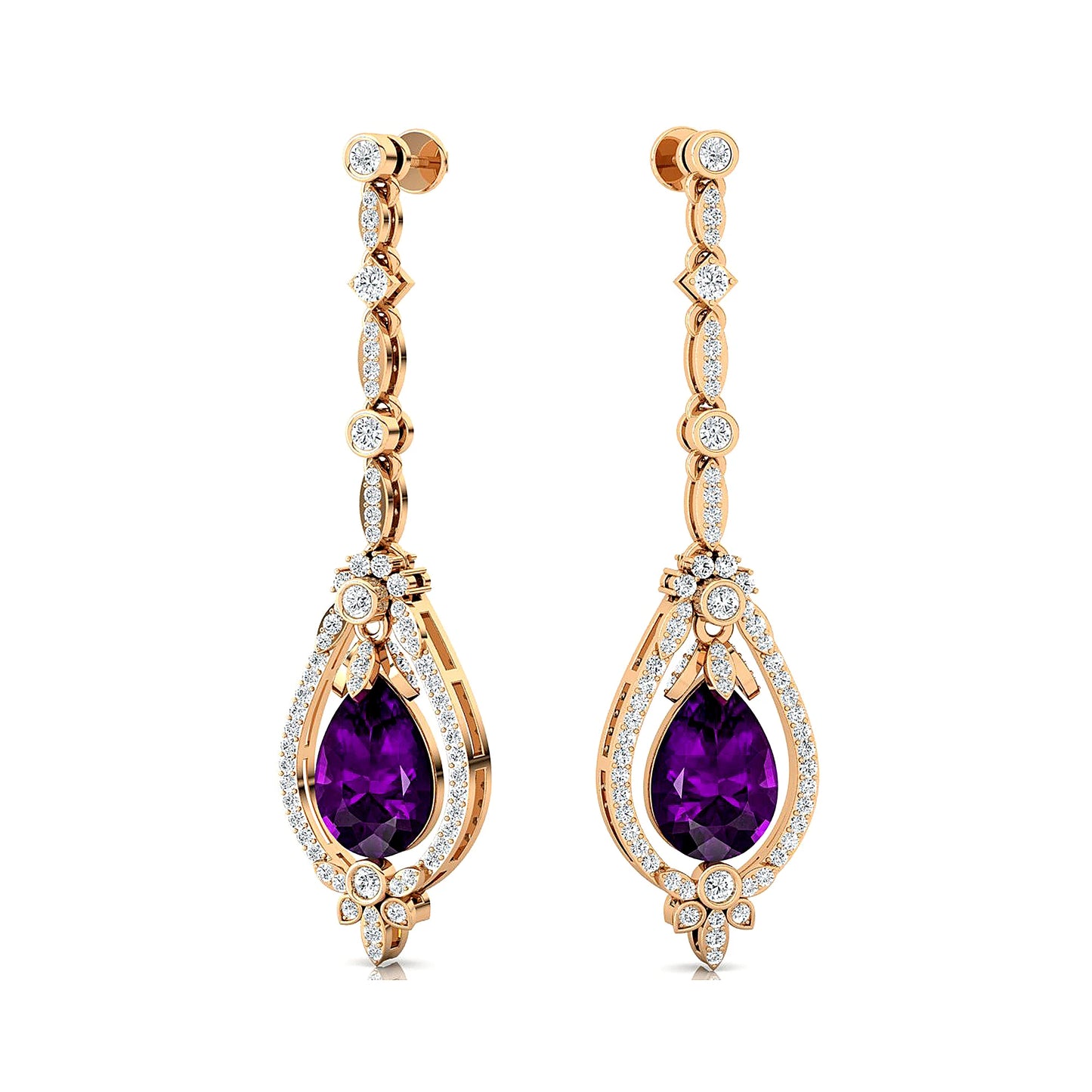 Trendy 18K Solid Gold Earrings Women's Beautiful Teardrop Accented Drop Earrings Natural Amethyst and Diamonds Halo Earrings