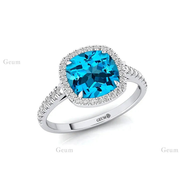 Personalized Classic 14k Solid Gold Halo Wedding Engagement Ring with for Swiss Blue Topaz & Natural Diamond Gift Her Bulk OEM