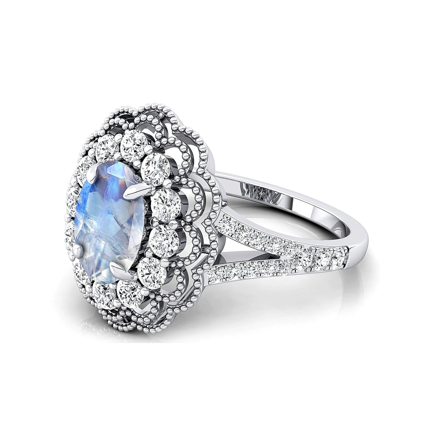 18kt Solid Gold Rhodium Plated Prong Set Certified Fine Jewelry Rings Natural Rainbow Moonstone Real Diamond Luxurious OEM Rings