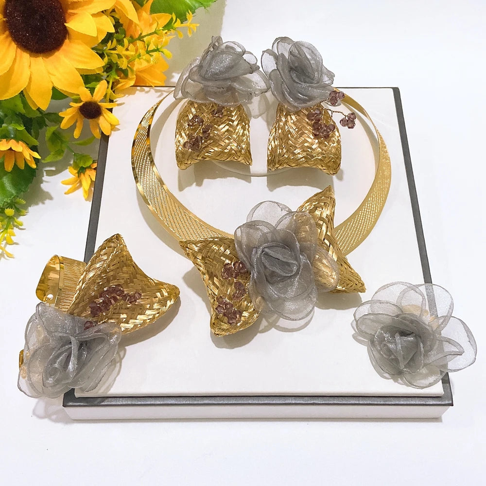 Zhuerrui Gold Plated Blue Grey Fabric Rose Flower Jewelry Set for Women African Dubai Wedding Bridal Choker 4Pcs Jewelry MY156