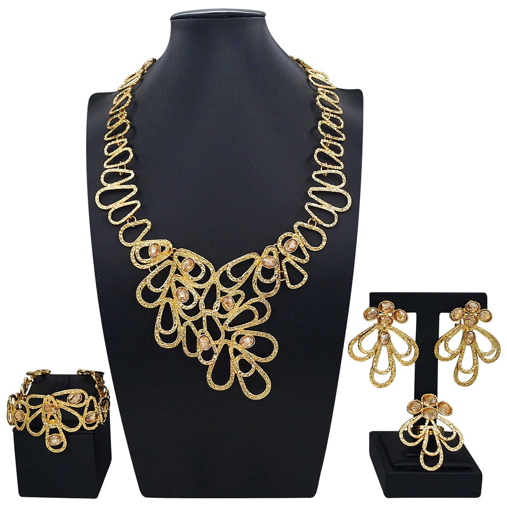 Zhuerrui Brazilian Gold Plated Jewelry Set Hollow Water Drop Floral Crystal Necklace Earrings Bracelet Ring Women Party I0001220