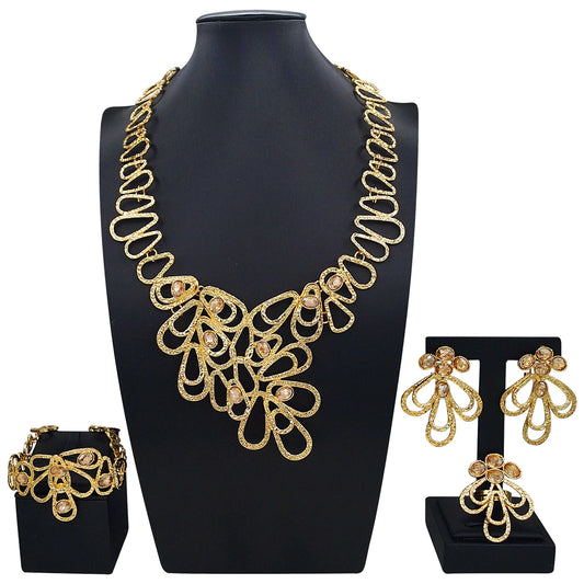 Zhuerrui Brazilian Gold Plated Jewelry Set Hollow Water Drop Floral Crystal Necklace Earrings Bracelet Ring Women Party I0001220