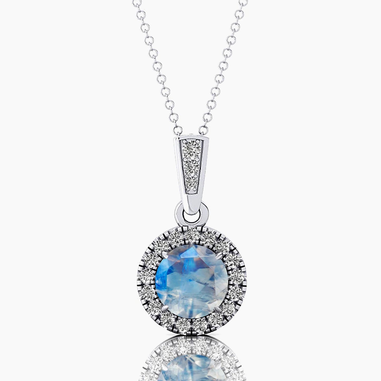 Beautiful Halo Solitaire Charm's Pendant Rainbow Moonstone Jewelry Rhodium Plated 14k Gold Necklace