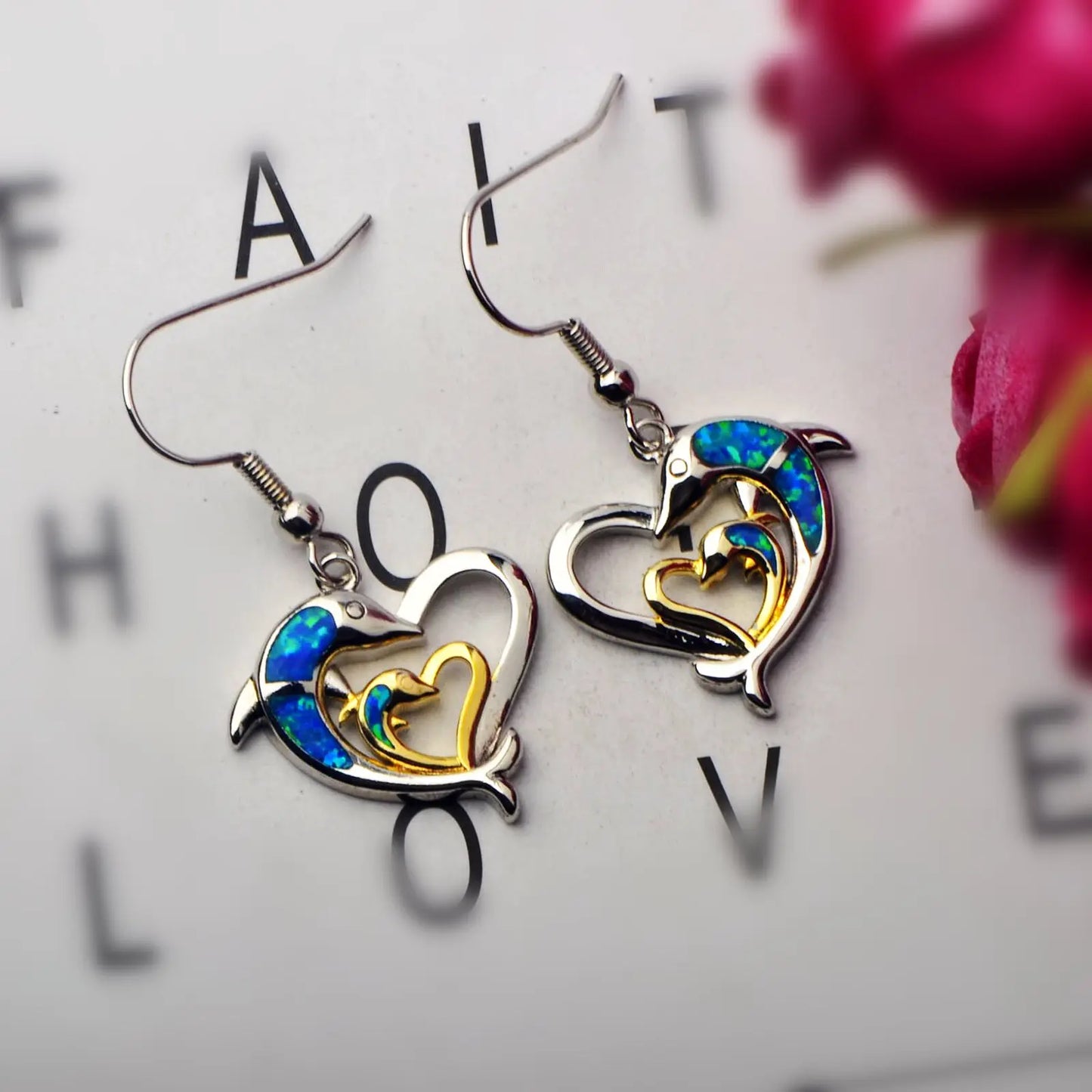 Aobao Trendy Opal Pendant Earrings with Dolphin Animal Design Brass & Copper Alloy Gift