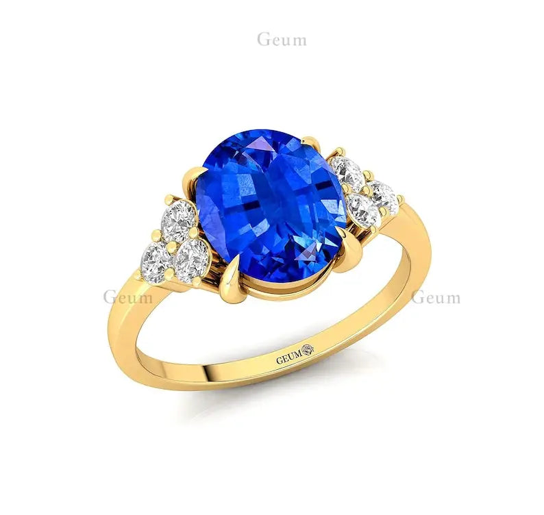 Luxurious 14k Solid Gold Lab Created Blue Sapphire Gemstone Real Diamonds Ring High Quality Fine Jewelry Classic Wedding Ring