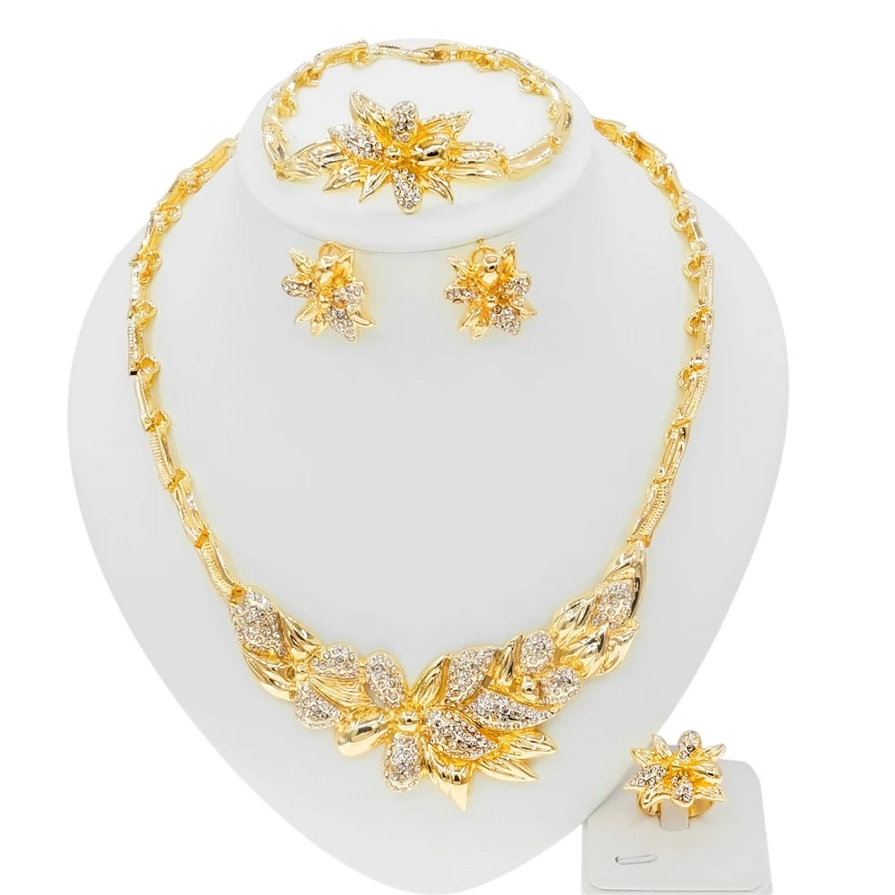 Zhuerrui New Brazil Women Gold-Plated Hug Flowers Jewelry Set Necklace Bracelet Earrings Ring Wholesale Zircon Jewelry SetsX0114