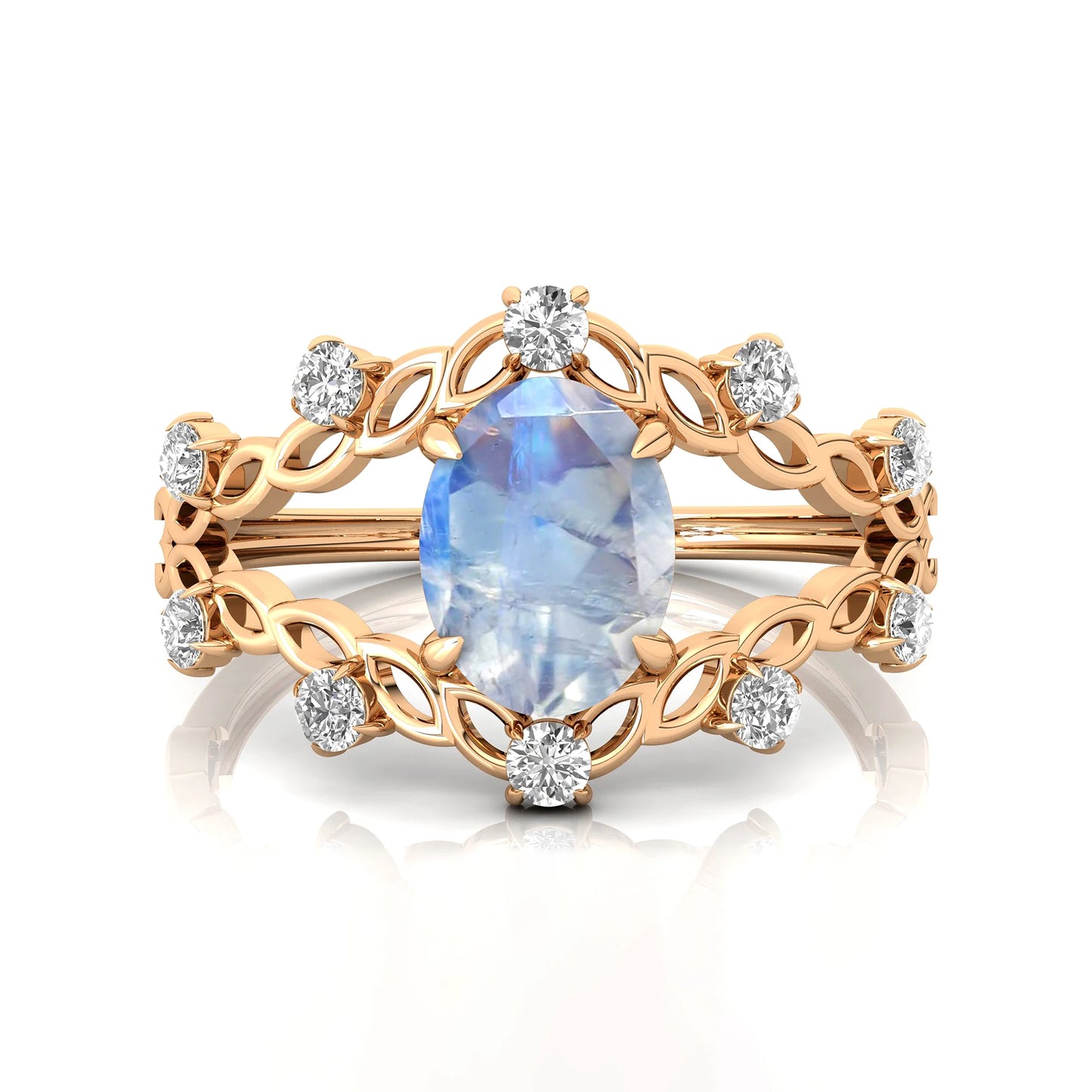 Natural Rainbow Moonstone Oval Faceted Cut Gemstone Wedding Ring 14k Pure Gold Adorned Natural Diamonds Luxurious Gift for Her