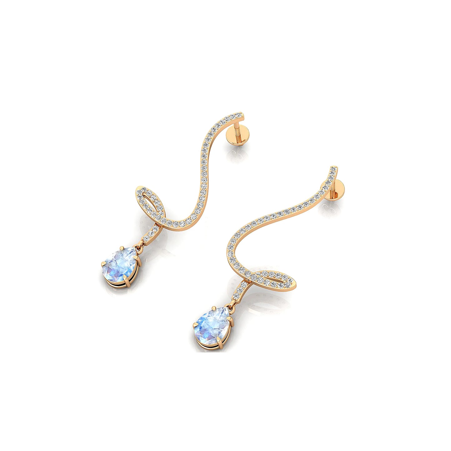 14k Solid Gold Handmade Earrings Unique Pear Cut Natural Rainbow Moonstone & Real Diamonds Dangling Drop Earrings Jewelry Gift