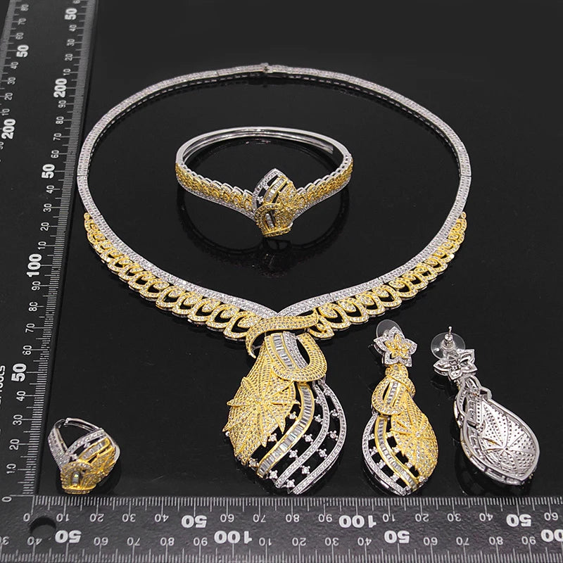 Zhuerrui Cubic Zirconia Costume Jewelry Set Dubai Ladies Brass Necklace Bracelet Earring Ring Wedding Jewelry Sets HZ201101126