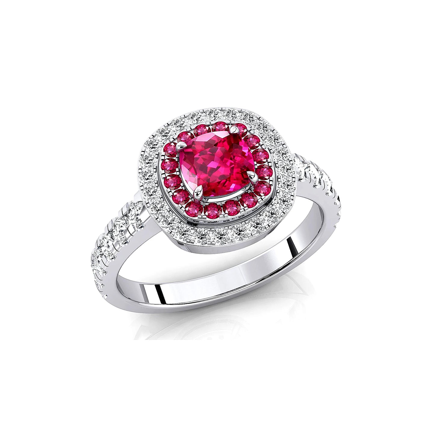 18k Solid Gold Lab Grown Pink Sapphire Gemstone and Real Diamonds Cushion Cut Rhodium Plated Double Halo Solitaire Ring For Gift