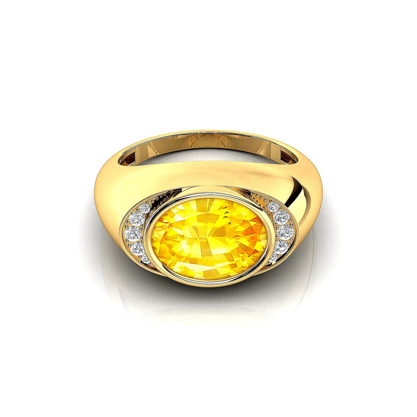 18kt Gold Oval Cut Lab Grown Yellow Sapphire Gemstone Ring Natural Side Diamonds With Bezel Set Center Stone Sapphire Ring