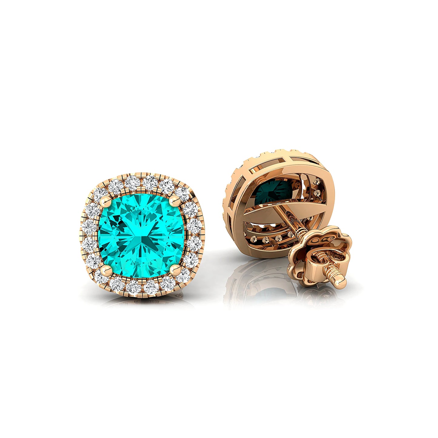 Cute Lab Paraiba Tourmaline Gemstone Solitaire Ear Studs in 18k Gold Real Diamonds Fine Bridal Gift Jewelry