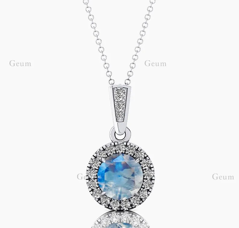Beautiful Halo Solitaire Charm's Pendant Rainbow Moonstone Jewelry Rhodium Plated 14k Gold Necklace