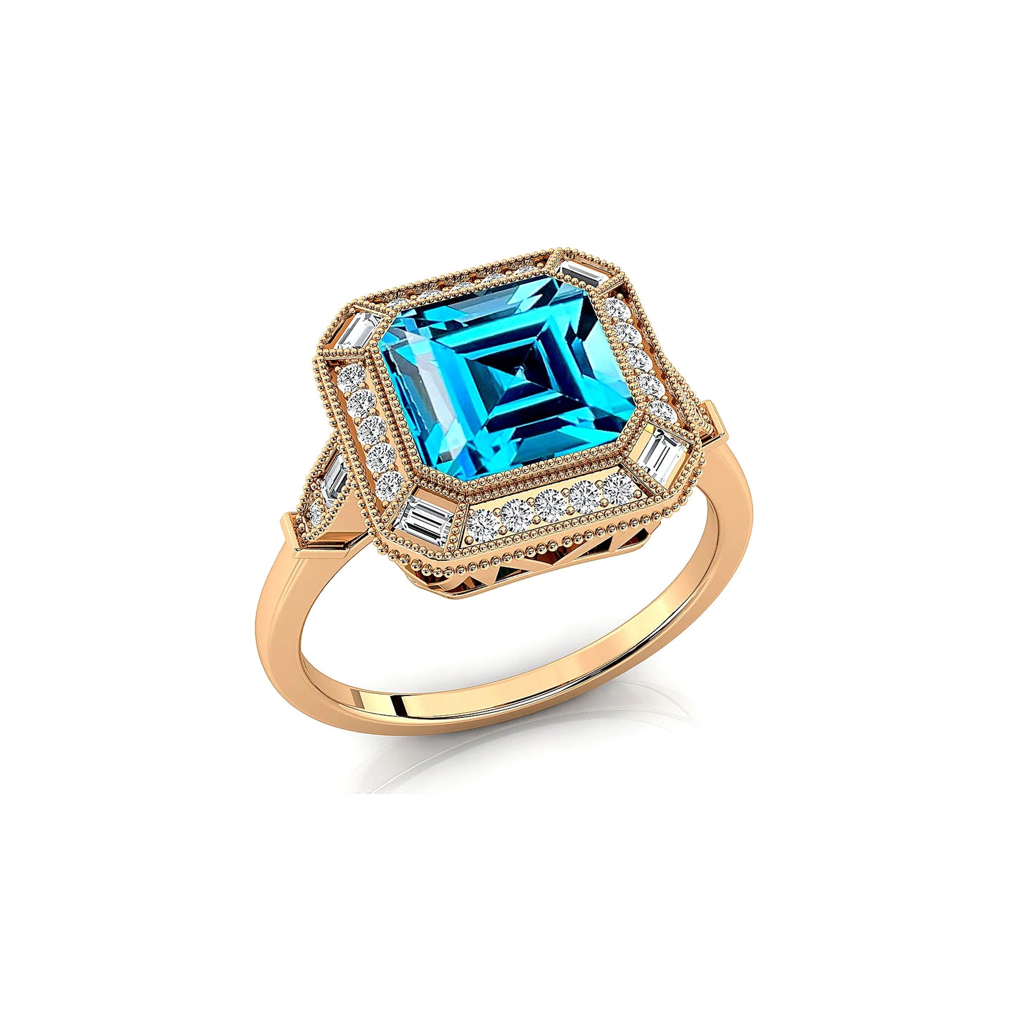 Antique Design Natural London Blue Topaz Gemstone Ring Solid 18k Pure Gold Handmade Solitaire Halo Rings For Engagement Gift
