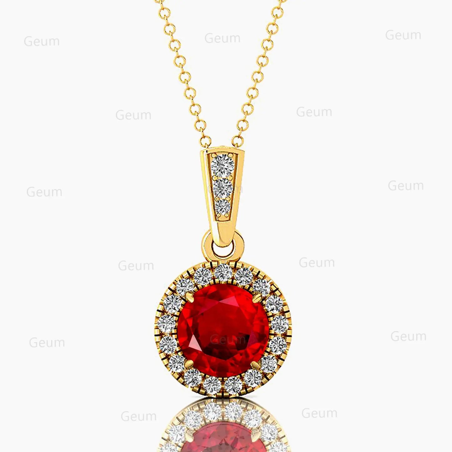 14k Solid Gold Lab Grown Ruby Gemstone Halo Pendant Diamond Necklace Round Shape Fine Jewelry Lab Ruby Gemstone Pendant Jewelry