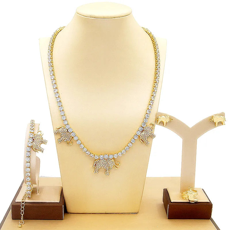 Zhuerrui Crystal Elephant I Love You Hug and Kiss Jewelry Set 14k Gold Plating Wedding Party Jewelry Set for Woman Gift X0067