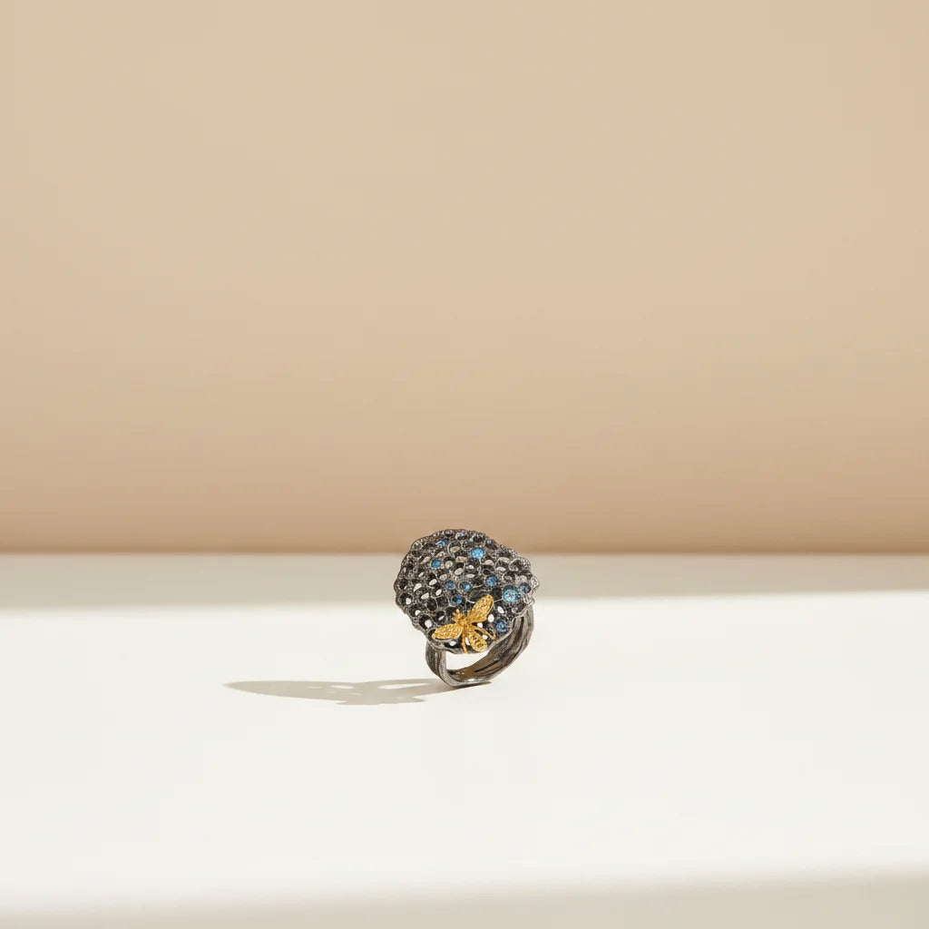 Wholesale Gold Plated Design New Retro Openwork 925 Sterling Silver Blue Topaz Ring With Cheap Price