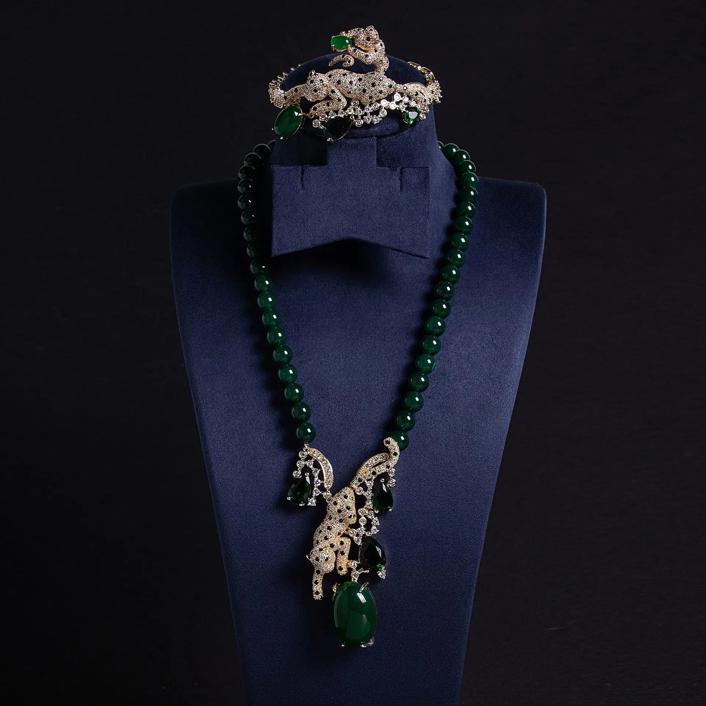 New Arrival Gold Plated Exquisite Leopard Pendant Green Agate Beaded Long Necklace Earrings Sets