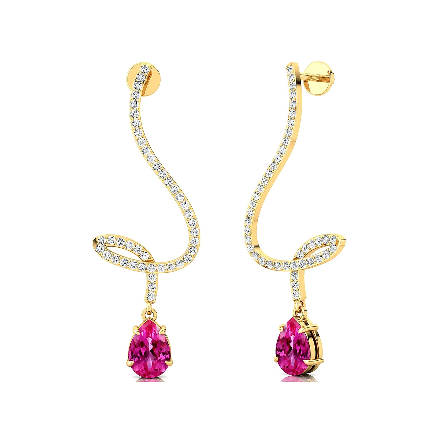 Lab Grown Pink Sapphire Gemstone & Natural Diamonds Classic Design 18K Gold Drop Earrings Trendy Birthstone Wedding Wear Earring