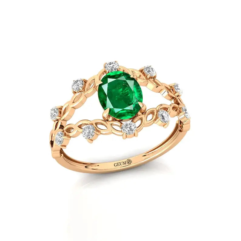 Lab Grown Oval Emerald Gemstone & Real Diamond Ring 14K Yellow Gold Classic Engagement Jewelry Birthday Gift Her Wholesale OEM