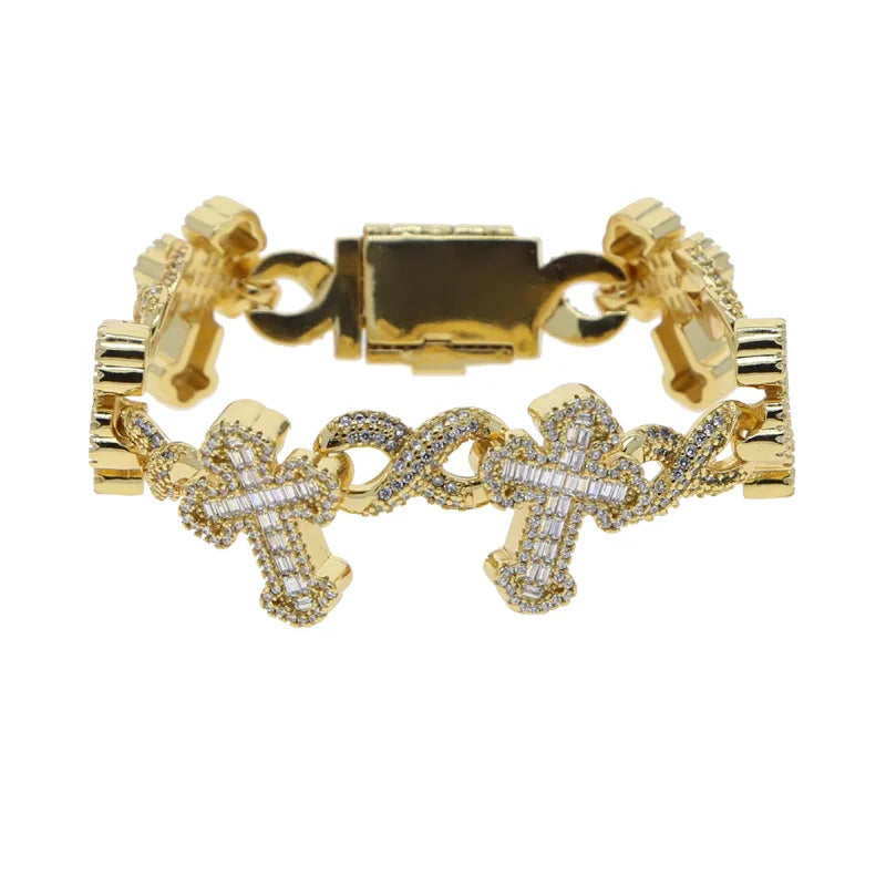 S&S Custom 3 Tone Silver Plated Hip Hop Jewelry Iced Out Bling 5A CZ Multi Cross Infinity Link X Shape Cuban Chain Bracelet for Men