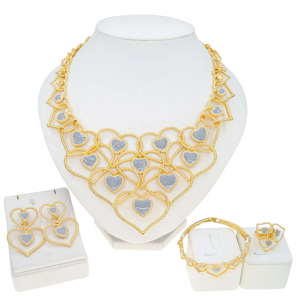 Zhuerrui Dubai Gold Plated Jewelry Set Layered Heart Inlaid Gold Weave Necklace Earrings Bracelet Ring for Women Wedding I005520