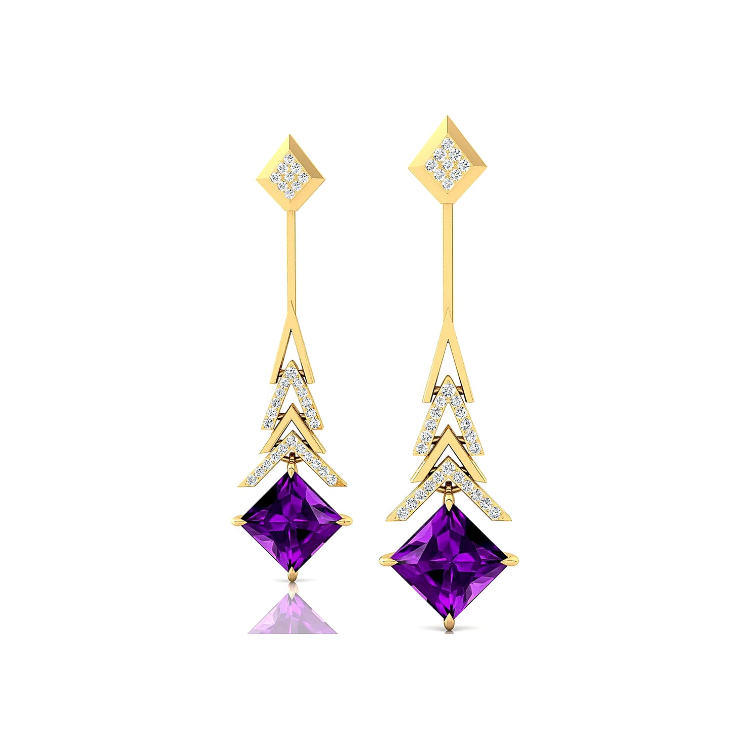 Finest Quality Natural Amethyst Gemstone Real Diamonds 18K Solid Yellow Gold Rhodium Plated Dangle Drop Wedding Party Gift