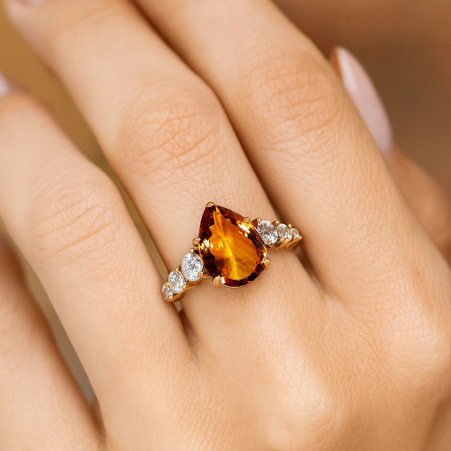 Natural Gemstone Dazzling Pear Cut Citrine 18k Solid Rose Gold Bridesmaid Cluster Rings with Genuine Diamonds at Wholesale Price