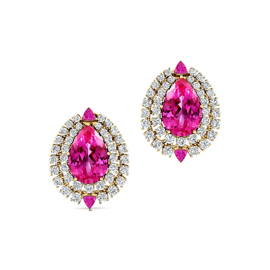 Solid 18k Rose Gold Cute Ear Studs Lab Grown Pink Sapphire Diamonds Halo Stud Earrings for Party Wedding Gifts Handmade Jewelry