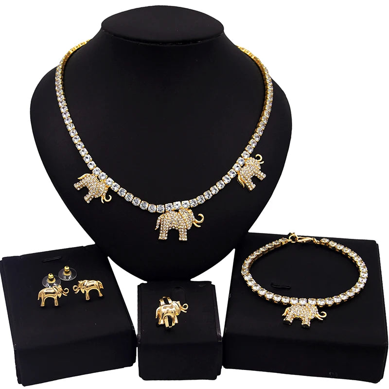 Zhuerrui Crystal Elephant I Love You Hug and Kiss Jewelry Set 14k Gold Plating Wedding Party Jewelry Set for Woman Gift X0067