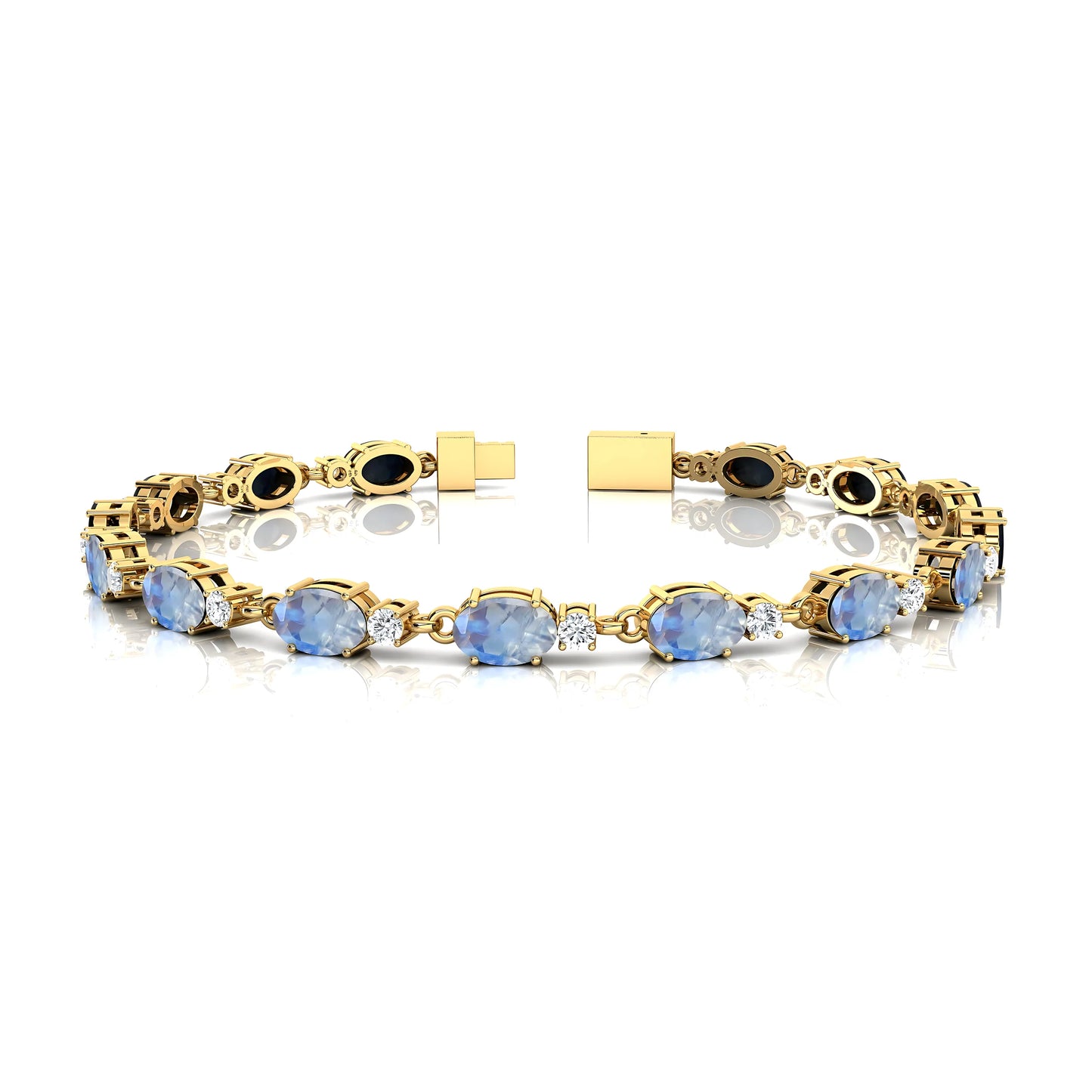 Natural Oval Shape Rainbow Moonstone Tennis Bracelet 14K Gold Prong Set Wedding Gift Luxury Party