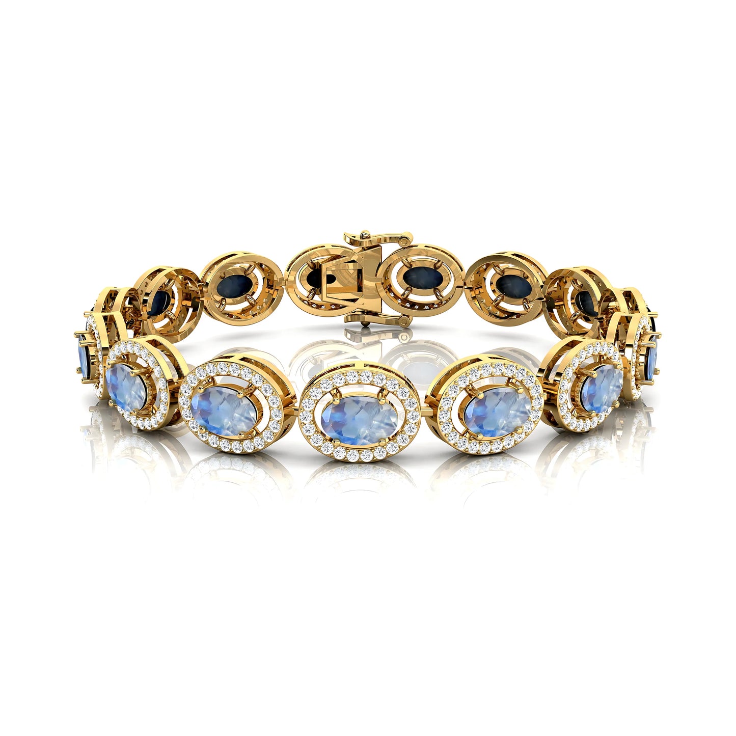 Luxury 100% Authentic Real 14k Solid Yellow Gold Tennis Bracelet Handmade Rainbow Moonstone Diamond Trendy for Weddings Parties