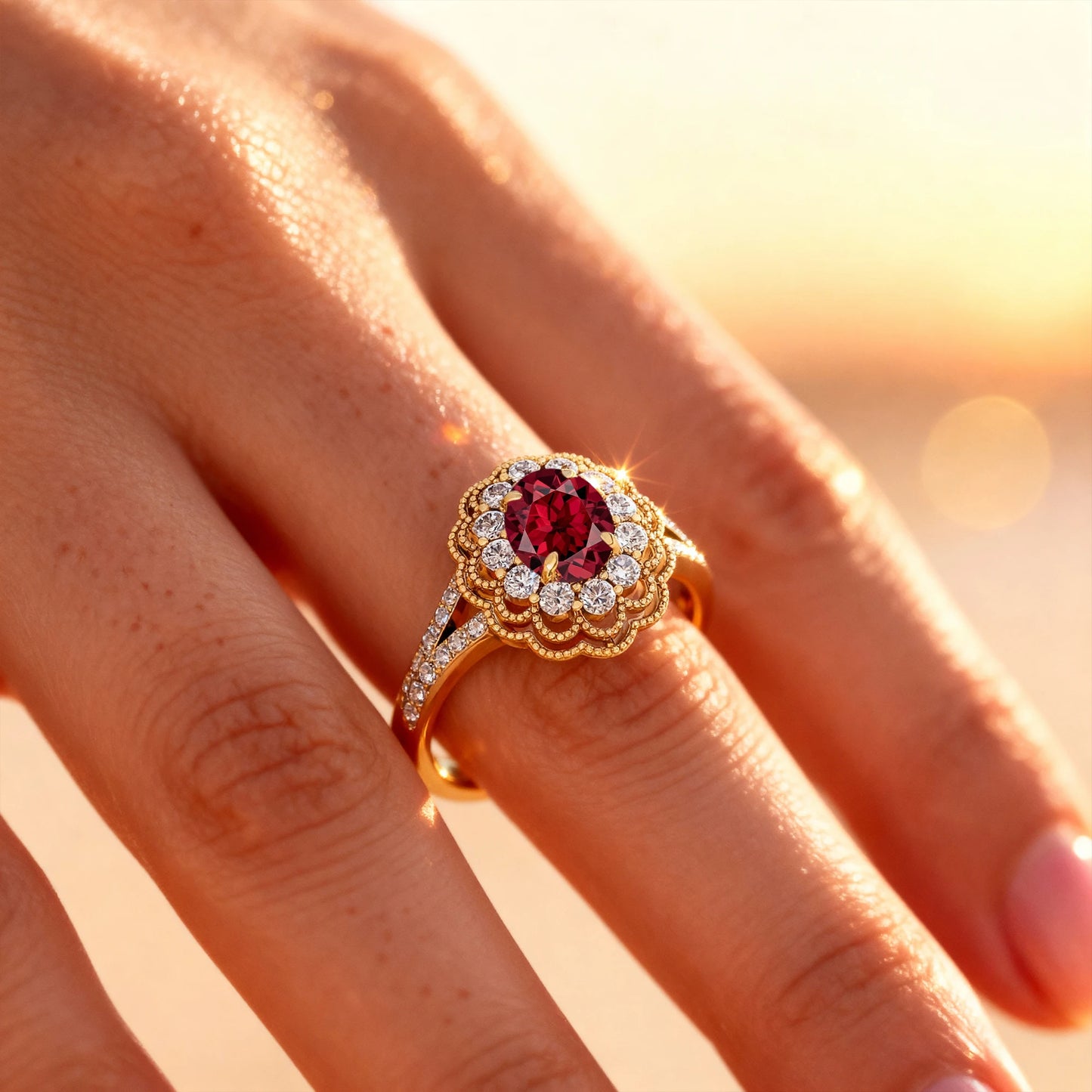 14k Solid Gold Rings Natural Garnet Gemstone Fine Real Diamonds Rhodium Plated Classic Women's Oval Cut Birthstone Halo Ring
