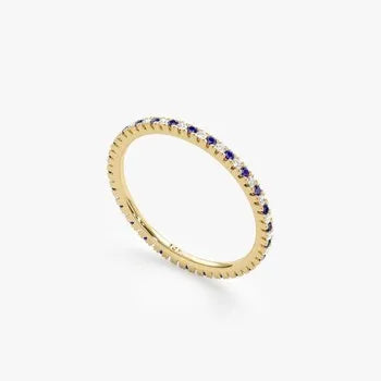 14k Pure Gold Alternating Full Eternity Ring Sapphire Gemstone Women Wedding Engagement Anniversary Party Classic Prong Setting