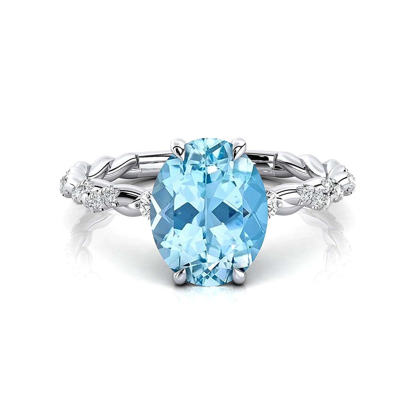 14K Solid Gold Rhodium Plated Natural Aquamarine & White Diamond Rings Luxurious Fine Jewelry for Party & Wedding Wholesale