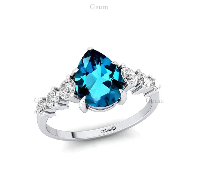 Wholesale Engagement Wedding Minimalist Classic Jewelry 18k Solid Gold Bridal Ring Adorned Natural London Blue Topaz Gemstone