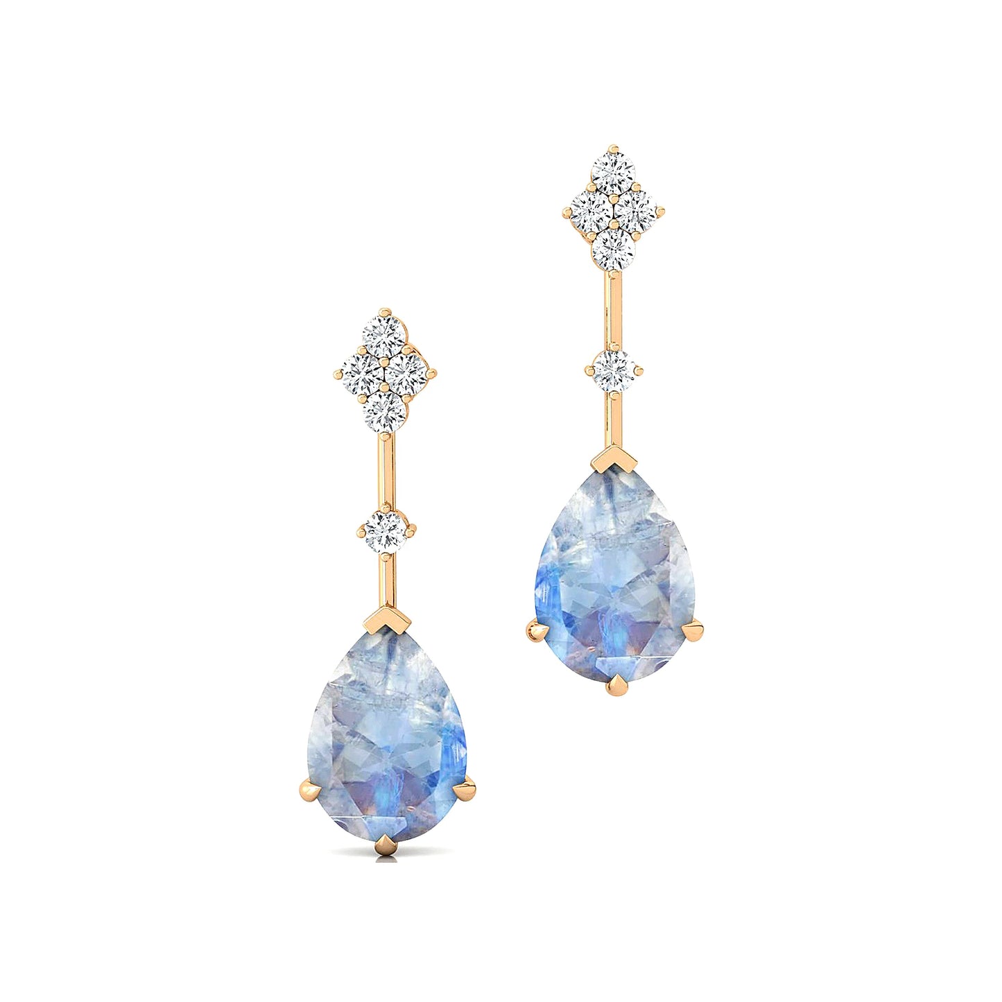 High Quality Natural Rainbow Moonstone Gemstone Real Diamonds Stud Earrings 18k Solid Gold Rhodium Plated Cute Fine Birthstone