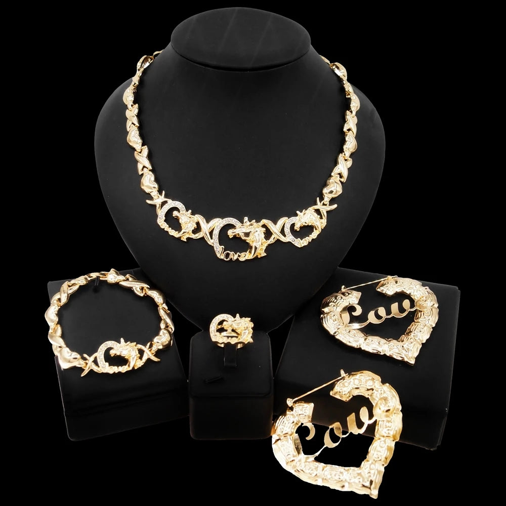 Zhuerrui Unicorn Xoxo Jewelry Sets I Love You Hug and Kiss Horse Big Earrings Necklace Set African Costume Jewellery Set X0144