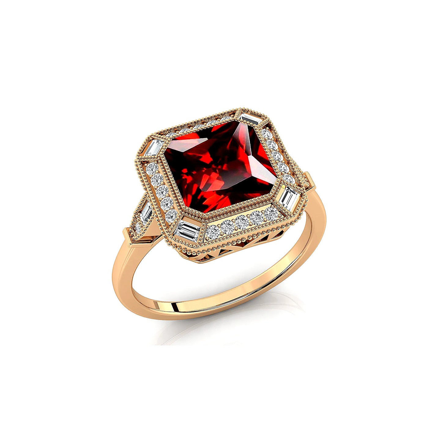 Solid Gold Natural Garnet Gemstone Fine Real Diamonds Bezel Setting Rhodium Plated Wedding Engagement Halo Ring Jewelry For Her