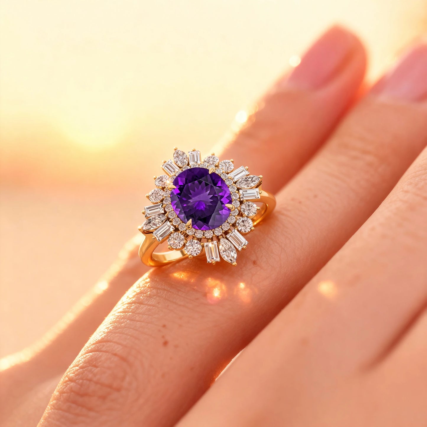 14k Solid Gold Ring Natural Amethyst Gemstone and Real White Diamonds Rhodium Plated Engagement Halo Ring OEM Wholesale Jewelry