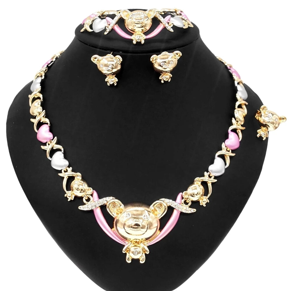 Zhuerrui Tricolor Gold Plated Diamond Teddy Bear Necklace Bracelet Ring Earrings Banquet Jewelry Set X0185