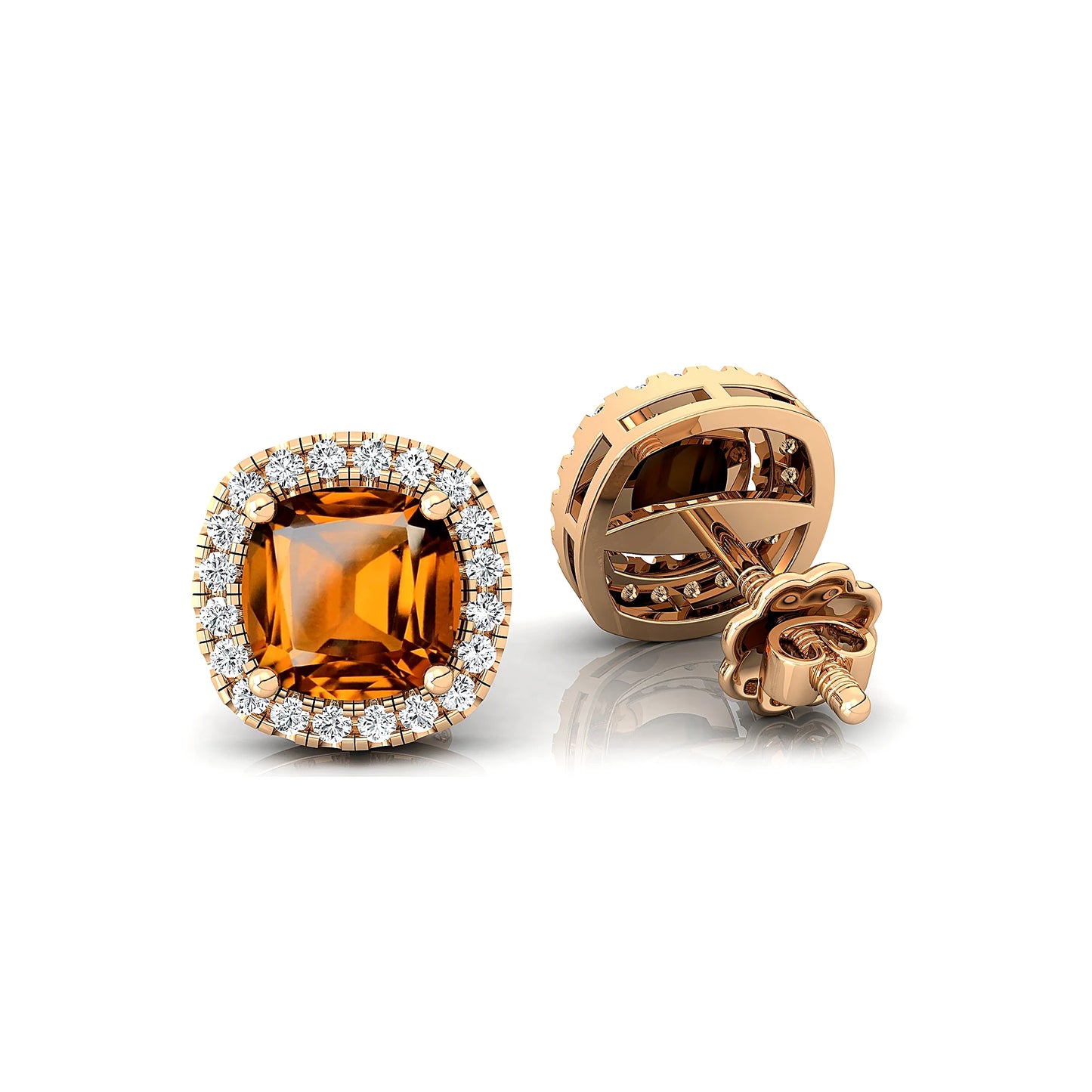 Trendy Design 18K Solid Rose Gold Rhodium Halo Studs Earrings Cushion Cut Natural Citrine Gemstone Real White Diamonds Wedding
